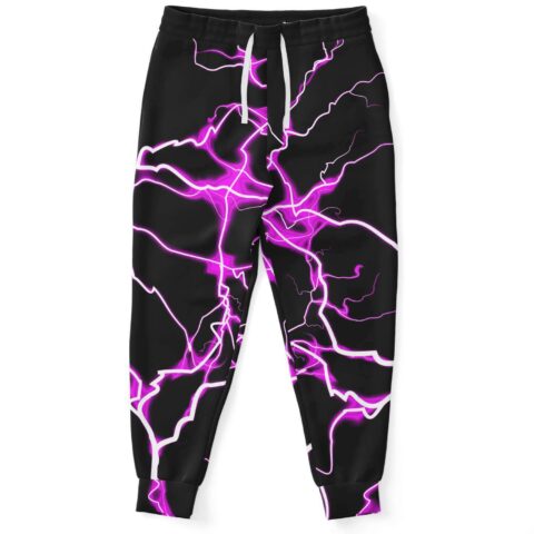 Black rave joggers with electric purple lightning bolt print front view