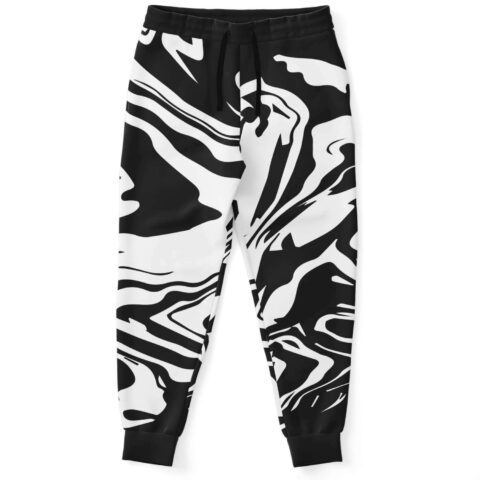 Black white liquid marble rave joggers front view with swirling ink pattern