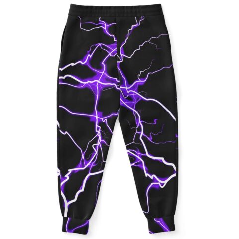 Purple lightning print rave joggers with white drawstring waist, back view