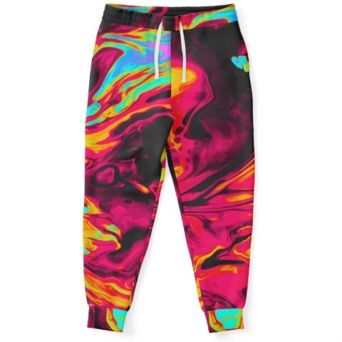 Hot pink oil slick joggers with neon swirl print and white drawstring waist, front view