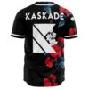 Kaskade text and K logo on back with red roses, white blooms, black jersey