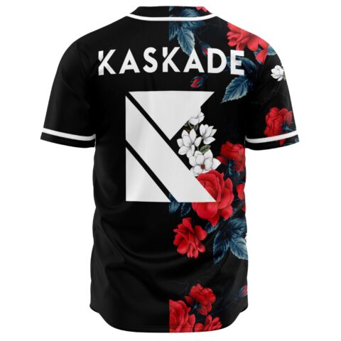 Kaskade text and K logo on back with red roses, white blooms, black jersey