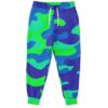 Royal blue camouflage rave joggers with neon green swirl print front view