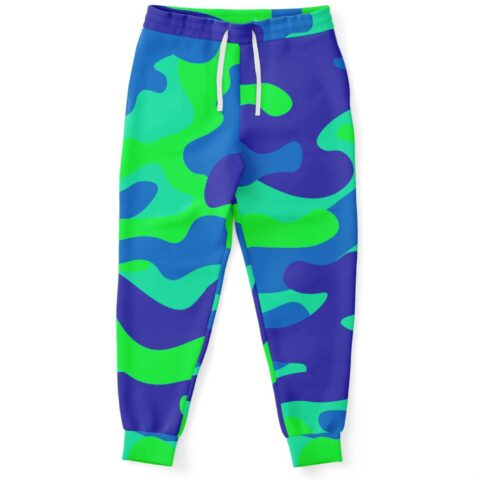 Royal blue camouflage rave joggers with neon green swirl print front view