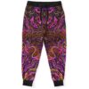 Ornate swirling rave joggers with symmetrical mandala-style pattern on black fleece, full front view