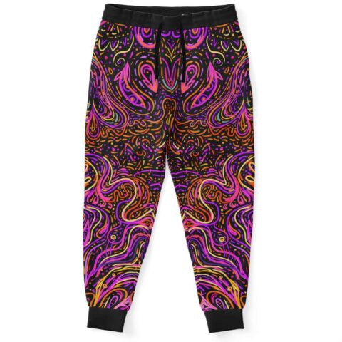 Ornate swirling rave joggers with symmetrical mandala-style pattern on black fleece, full front view