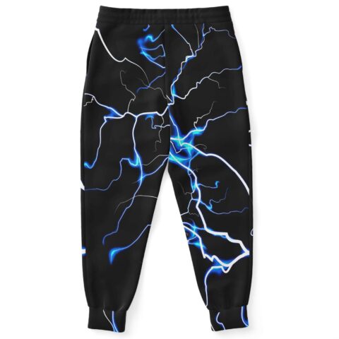 Black electric lightning rave joggers back view showing bolt pattern across seat and legs