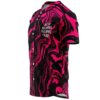 Hot pink liquid marble jersey side view showing button placket and small chest print