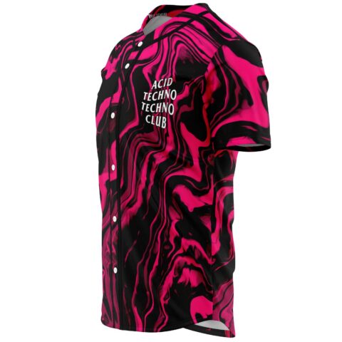 Hot pink liquid marble jersey side view showing button placket and small chest print