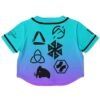 Teal and purple gradient rave crop top with abstract symbols, back