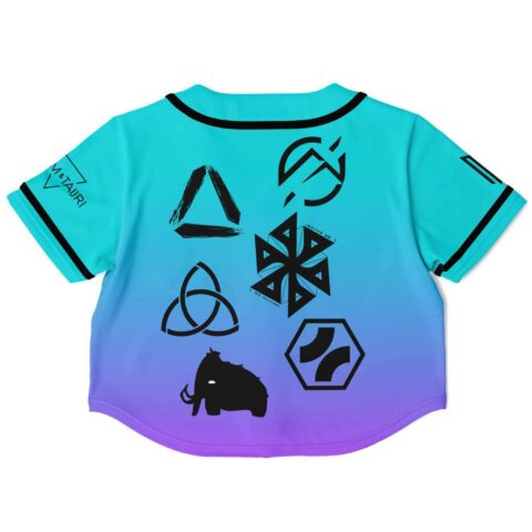 Gradient teal and purple crop top with abstract symbols, back