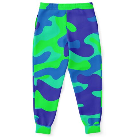 Neon green and blue camo joggers back view showing swirl pattern