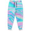 Pastel holographic liquid swirl rave joggers front view with black drawstring waist