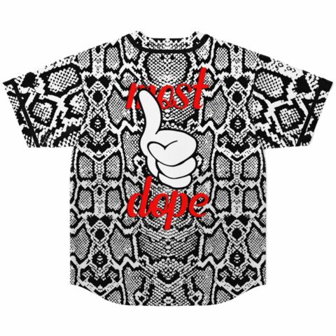 Snake print rave baseball jersey back view with thumbs up graphic and most dope text