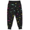 Back view of black lightning bolt joggers showing scattered neon pattern and ribbed cuffs