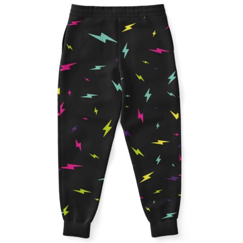 Back view of black lightning bolt joggers showing scattered neon pattern and ribbed cuffs