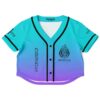 Teal and purple gradient rave crop top with logo and text designs, front