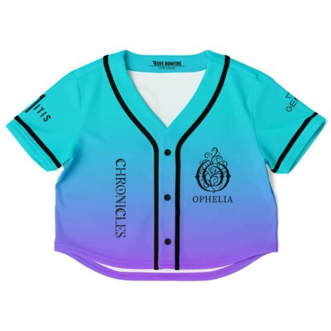 Gradient teal and purple crop top with logo and text designs