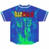 Neon green energy burst graphic on back of blue baseball jersey with Illenialz text