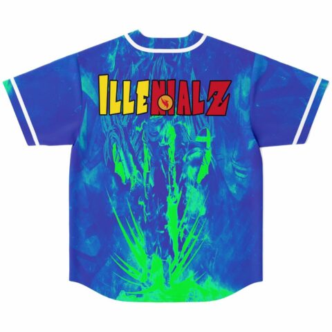 Neon green energy burst graphic on back of blue baseball jersey with Illenialz text