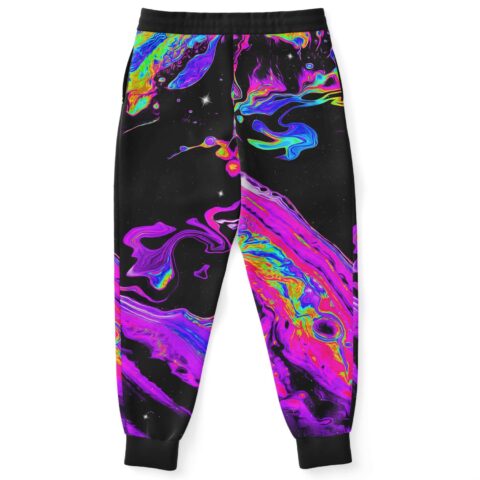 Oil-slick rainbow swirl print on black rave joggers, back view
