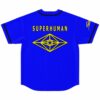 back view of blue jersey with yellow SUPERHUMAN text and diamond emblem design