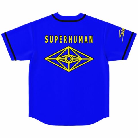 back view of blue jersey with yellow SUPERHUMAN text and diamond emblem design