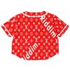 Back view of the red geometric emblem rave cropped baseball jersey with a white design