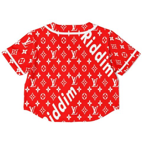 Back view red cropped jersey featuring white design