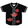 Black baseball jersey with red anime-inspired clouds and eye symbol front view