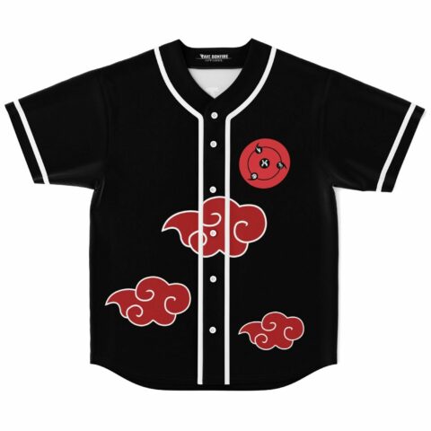 Black baseball jersey with red anime-inspired clouds and eye symbol front view