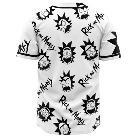 Back view of white jersey showing scattered animated face pattern and text across shoulders
