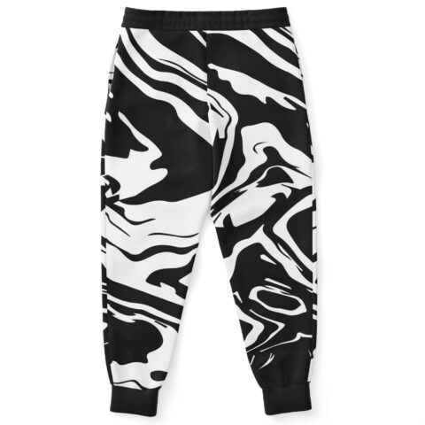 Black white liquid marble joggers back view showing marbled swirl print