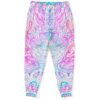 White rave joggers with pink and teal abstract swirl eye pattern, front view