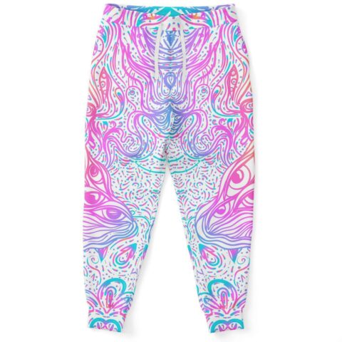 White rave joggers with pink and teal abstract swirl eye pattern, front view