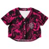 Front view of the pink marble rave cropped baseball jersey showing the marbled pattern and button front