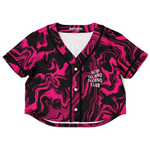 Front view of cropped jersey with vibrant marbled pattern and buttons