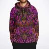 front view of magenta psychedelic doodle rave hoodie with mirrored tribal mask pattern