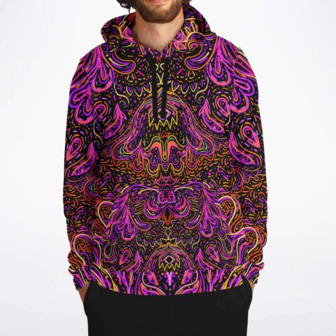 front view of magenta psychedelic doodle rave hoodie with mirrored tribal mask pattern