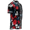 Close-up side view of red rose and white flower print on black baseball jersey