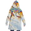 Back view of oil slick soap print cloak on model with hood up