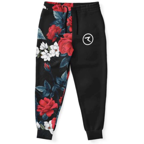 half black half red rose floral rave joggers front view with logo on hip