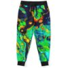 Green fluid acid rave joggers with galaxy background and black drawstring waist front view