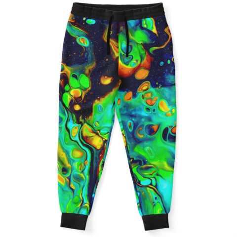 Green fluid acid rave joggers with galaxy background and black drawstring waist front view