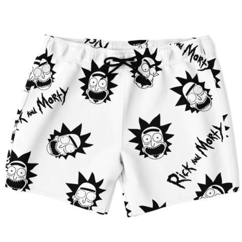 White swim trunks with black and white cartoon face print and script text front view