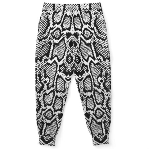 Black and white snakeskin print joggers back view showing full pattern and cuffed ankles