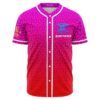 Front view of magenta to red 3D cube print baseball jersey with blue wireframe cube