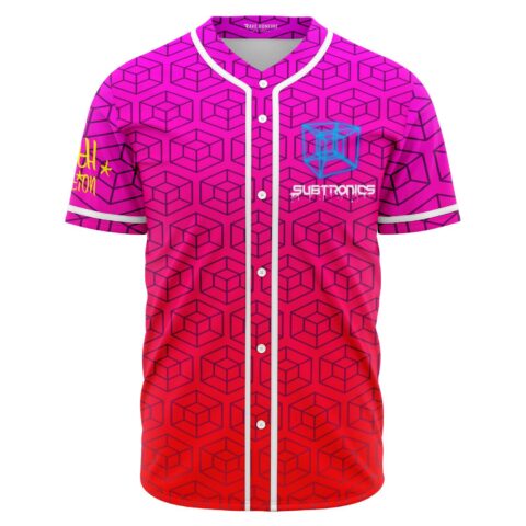 Front view of magenta to red 3D cube print baseball jersey with blue wireframe cube