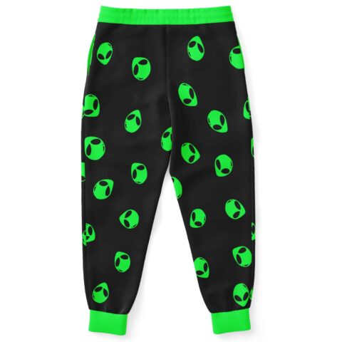 Alien head print rave joggers back view showing scattered neon green pattern
