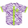 Purple zebra print rave baseball jersey with neon green button placket and anarchy logo, front